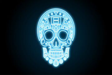 Neon glowing aztec skull flat icon illustration 