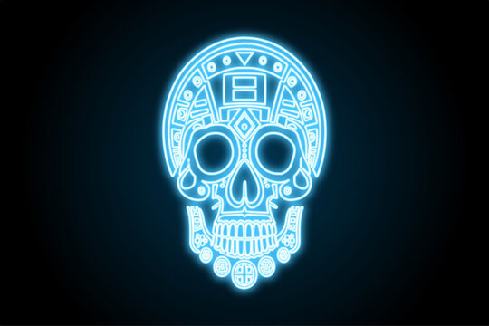 Neon glowing aztec skull flat icon illustration 