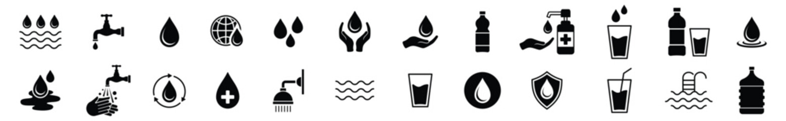 Water flat icons vector. Water with editable stroke. Water icon collection. Water drops, faucet, rain drops, globe, save, bottle, glass, puddle, cycle, washing hands, shower, wave, and other. 