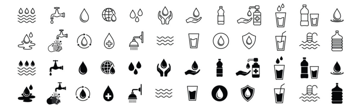 Water line and flat icons vector. Water with editable stroke. Water icon collection. Water drops, faucet, rain drops, globe, save, bottle, glass, puddle, cycle, washing hands, shower, wave, and other