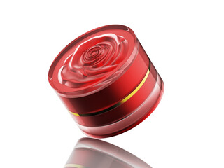 Cosmetic or Skincare acrylic jar , Red rose carving design on cover , inner body&Cover is a rough metallic red , Front view on white background.3d rendered