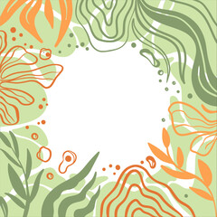 Fototapeta na wymiar EBRU STYLE FRAME Flat Blurry Abstract Organic Shapes Bright Colors Motif Hand Drawn Fabric Print Textile Background Modern Matisse Design Creative Art Cloth