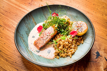 salmon with rice and sauce