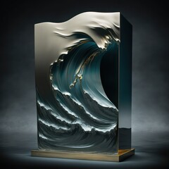 Stormy sea, a sleek metal podium floating on the water with waves crashing below AI generation