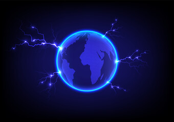 technology abstract Background 3D Earth map on surface with glowing circles at the edges and bright electric current lines glowing around the blue gradient background.