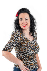 Portrait of a beautiful woman in leopard print dress