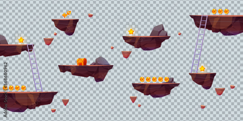 Poster flying rock islands vector game landscape isolated elements. cartoon floating platform for arcade vi