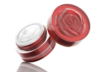 Cosmetic or Skincare acrylic jar , Red rose carving design on cover , inner body&Cover is a rough metallic red , Cover opened with white cream.Front view on white background.3d rendered
