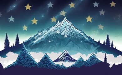 Starry sky mountain background decorations with a few trees in the foreground on the sides