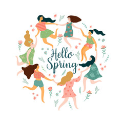 Hello Spring. Isolated illustration with women. Vector design for poster, card, invitation, placard, brochure, flyer and other