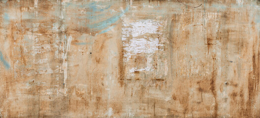 Torn Ripped Aged Paper Poster Street Wall Surface. Yellow and Blue Colors. Leaking Paint. Grunge...