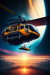 AI generated digital art AI generated image of a cyberpunk rider on a future bike or cruiser with a vivid and glowing neon light. Cyberpunk landscape with retrowave and synthwave at night, helicopter.