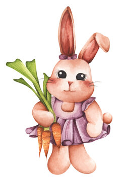 Cute bunny with carrot for spring season. Easter rabbit. Hand drawn sketch and watercolor illustration. Rabbit cartoon. Animal wildlife character.