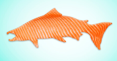 Salmon fillet in the shape of a fish. Salmon fillet isolated. Conceptual image of a slice of red...