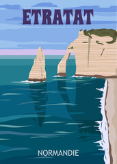 Travel poster Etretat France, vintage seascape rock cliff - obrazy, fototapety, plakaty