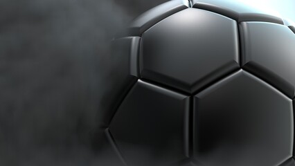 Black Soccer ball with dark foggy smoke background. 3D sketch design and illustration. 3D high quality rendering.