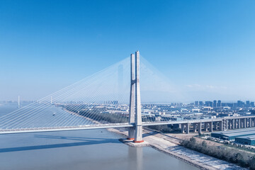 aerial view of high-speed railway cable-stayed bridge on Yangtze River