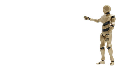 Detailed appearance of the gold-black AI robot under white background. Concept 3D CG of automatic operation, optimization and block chain.