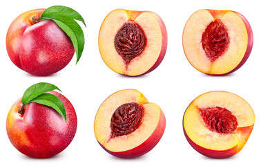 Isolated peach. Fresh organic peach with leaves isolated clipping path. Peach macro studio photo.
