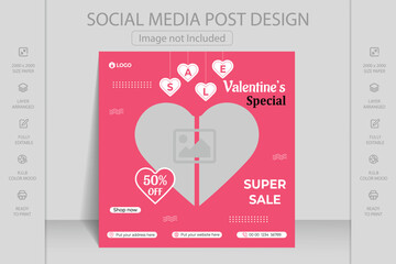 Super sale post with discount. Happy valentines day greeting card template. Suitable for social media post, mobile app, web banner, flyer, wallpaper, flyers, invitation, posters, brochure, banners. 