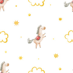 seamless, endless pattern with circus. Funny characters, trained animals on transport, jumping show, perfomance. Children's illustration, textile design, print on white background
