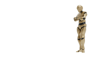 Detailed appearance of the gold-black AI robot under white background. Concept 3D CG of automatic operation, optimization and block chain.