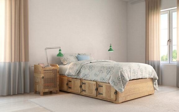 Modern bedroom interior with wooden decor in eco style. 3D Render	