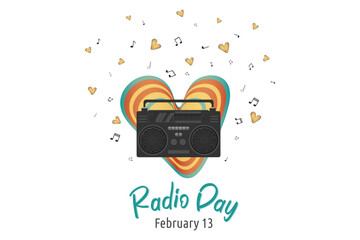World Radio Day. Postcard for celebration. Template for background, banner, postcard, poster with text caption. Vector illustration. Retro vintage illustration