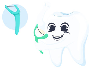 World Dentist Day, Dentist. Funny dental illustrations, dental care concept. Flossing use. Cartoon style illustration. Illustrations are suitable for both adults and children