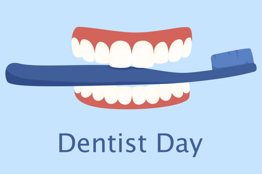 World Dentist Day, Dentist. Illustration with teeth holding toothbrush, dental illustration, dental care concept. Using a toothbrush, cartoon style illustration