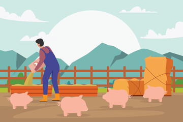 Farmer feeding pig with vegetables 2d vector illustration concept for banner, website, illustration, landing page, flyer, etc