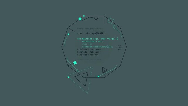 Looped animation of a code fragment in a decagon HUD element.
