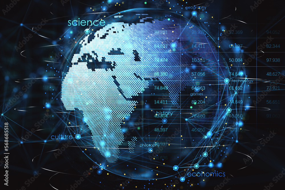 Fototapete Stats data and global network concept with front view on glowing digital world map globe surrounded by indicators and social life spheres points. 3D rendering
