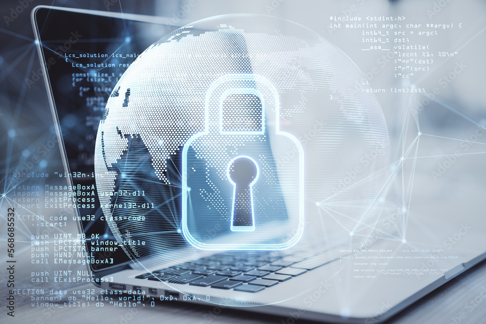 Aufkleber Global cyber security concept with digital closed pad lock, earth planet globe and binary code on modern laptop background, double exposure
