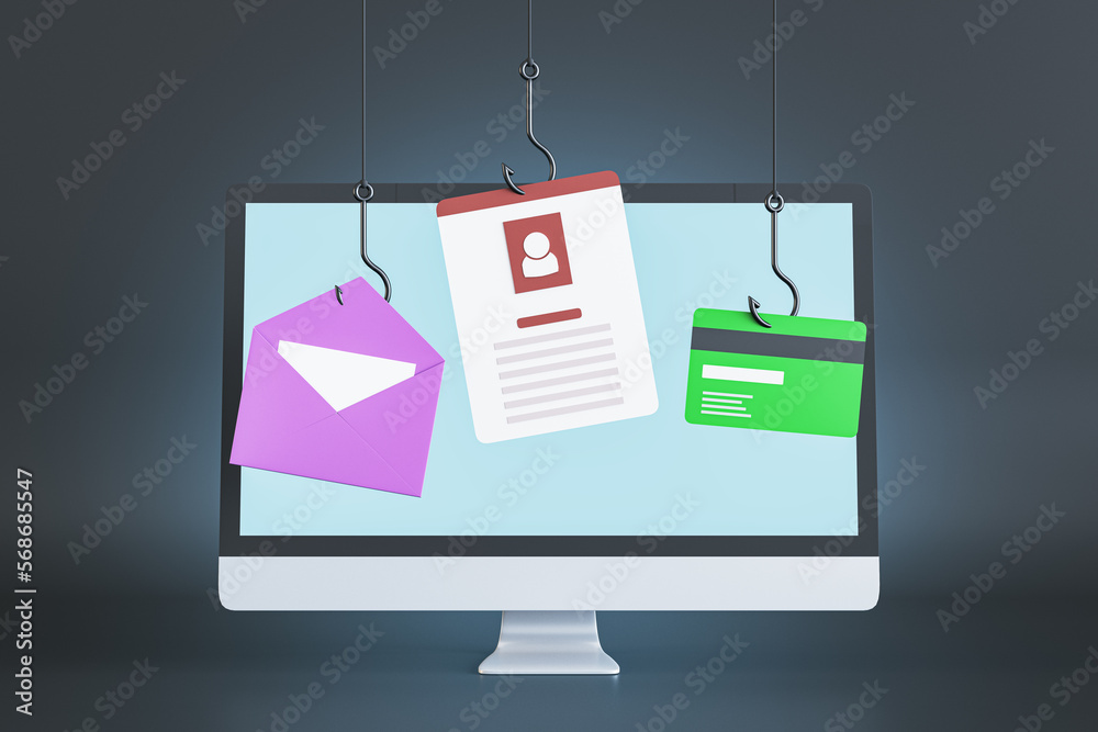 Poster Computer monitor with hanging email, document and bank card icons. Digital transformation and technology concept. 3D Rendering.