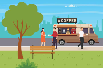 Coffee cafe food and beverages truck at city park 2d vector illustration concept for banner, website, illustration, landing page, flyer, etc