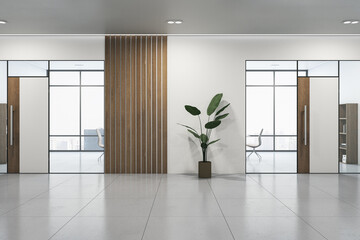 Modern wooden and concrete office hallway interior with furniture, window with city view and...