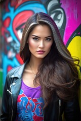 Fototapeta na wymiar A fictional person. Beautiful young half Asian-American woman at street. Generative AI