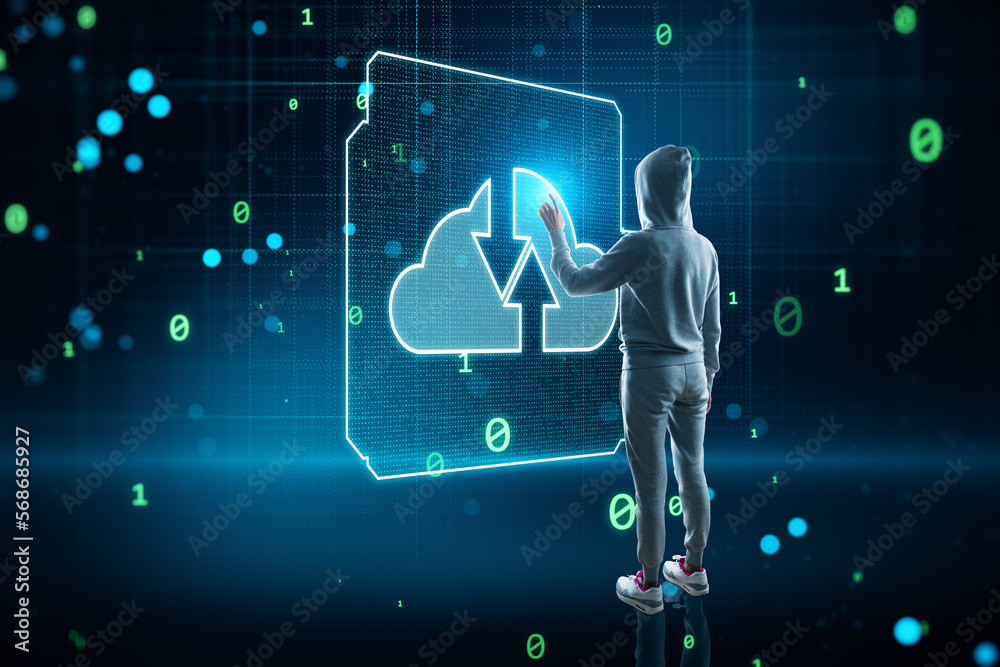 Fototapete Hacker using glowing cloud computing circuit hologram on dark background. Data storage, hacking and technology concept.
