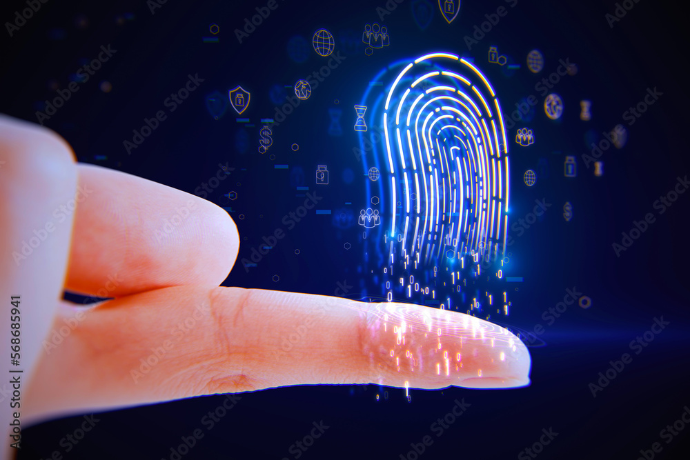 Aufkleber Cyber security and scan user concept with digital blue fingerprint made of coding numbers above human finger on abstract dark background with social network icons