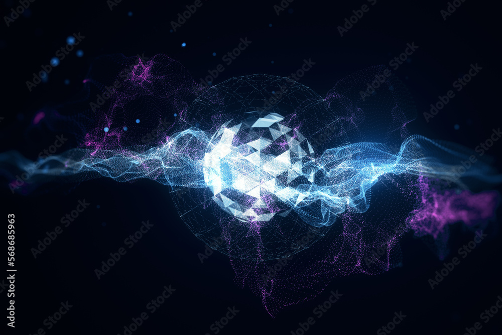 Poster creative glowing metaverse hologram on dark backdrop. digital world and future concept. 3d rendering