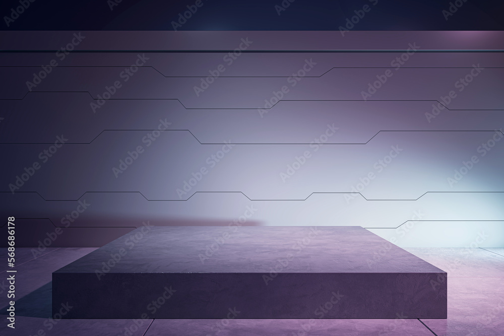 Aufkleber Front view on blank dark concrete podium with place for your product presentation on illuminated dark wall background with jagged lines. 3D rendering, mockup