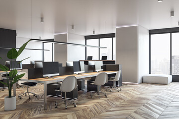 Contemporary wooden coworking office interior with window and city view, daylight, furniture and equipment. 3D Rendering.