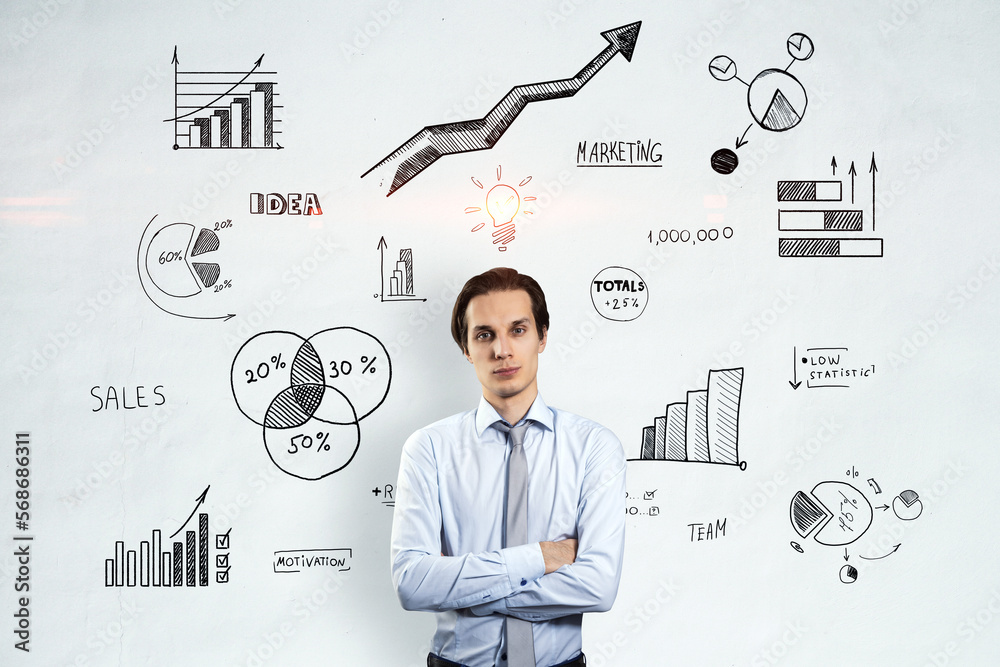 Poster solution, decision, analysis and creative idea concept with handsome man crossing hands on light wal