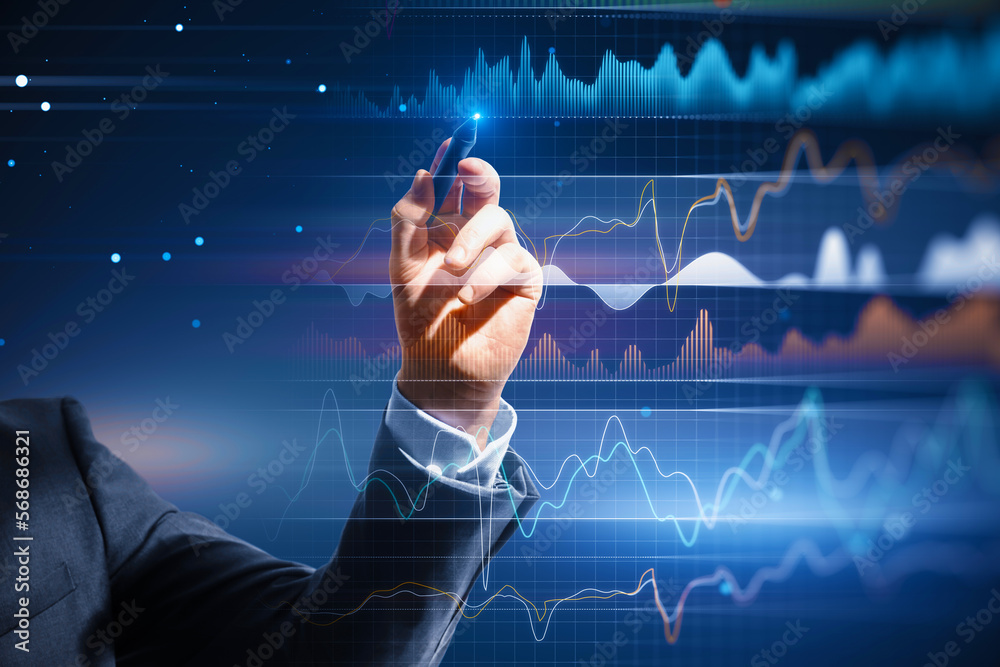 Poster Finance and forex trading technology and methods concept with businessman hand using stylus and digital screen with financial chart graphs and diagrams on blue background