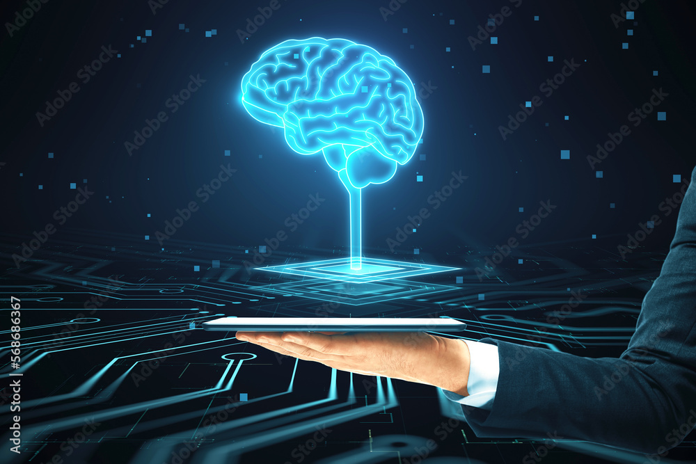Aufkleber  hand holding cellphone with hologram. Futuristic design of artificial Intelligence brain with circuit board. Learning process and problem solving concept. Abstract digital technology background.