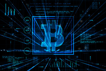 Cryptocurrency and digital money exchange concept with blue glowing bitcoin symbol in frame on dark background with coding fragment and data indicators. 3D rendering