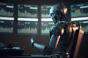Bot programmed to trade on a chart monitor with the aid of Artificial Intelligence. AI trading bot is based on predictive algorithms and machine learning to trade securities on stock exchange. - 568686394