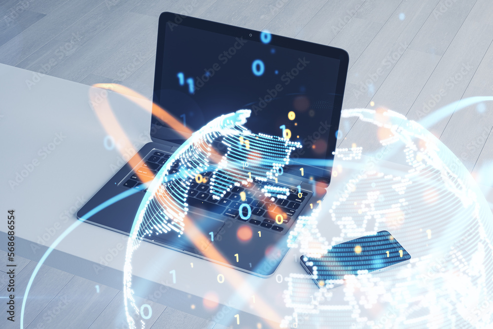 Poster Close up of laptop with abstract globe sphere with coding and polygonal network on blurry backdrop. Future, technology and digital world concept. Double exposure.