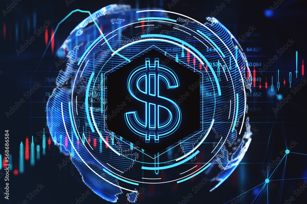 Poster abstract glowing dollar hologram, forex chart and blurry round hud on dark background. money, digita